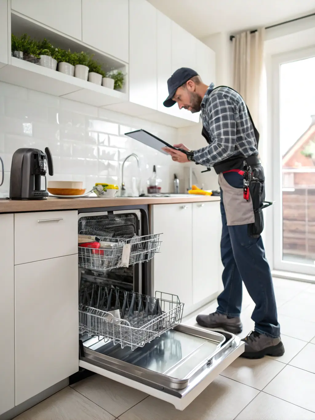 A built-in dishwasher with the door slightly ajar, showcasing the racks and spray arms. A technician is checking the dishwasher's spray arms for clogs.