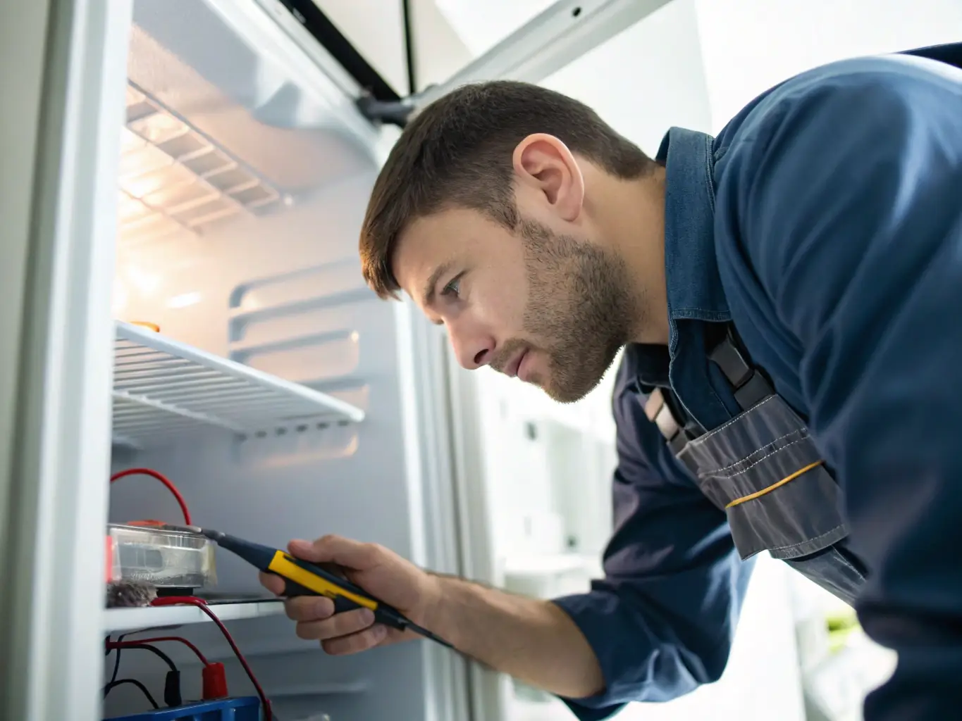 A close-up shot of a technician repairing the internal components of a refrigerator, highlighting the precision and expertise involved in refrigerator repair.