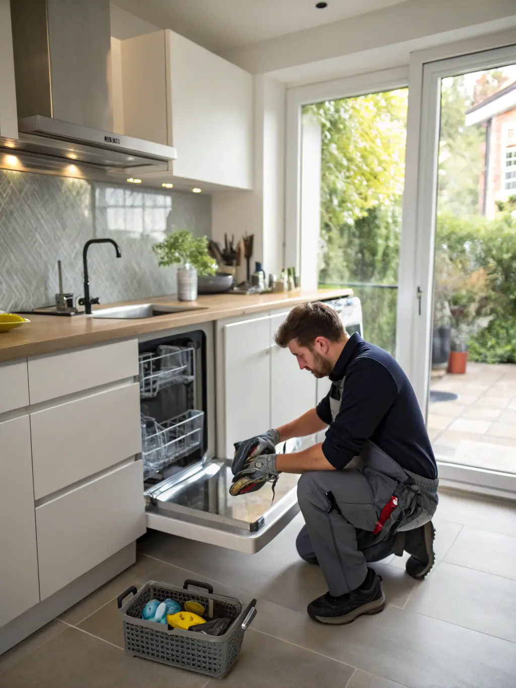 A technician diligently repairing a dishwasher under a kitchen counter, with tools and diagnostic equipment visible, emphasizing YER Repairs LLC's expertise in dishwasher repairs.