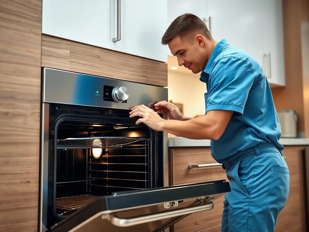 A photo of a technician repairing the heating element of an oven, emphasizing the importance of proper oven and stove maintenance.