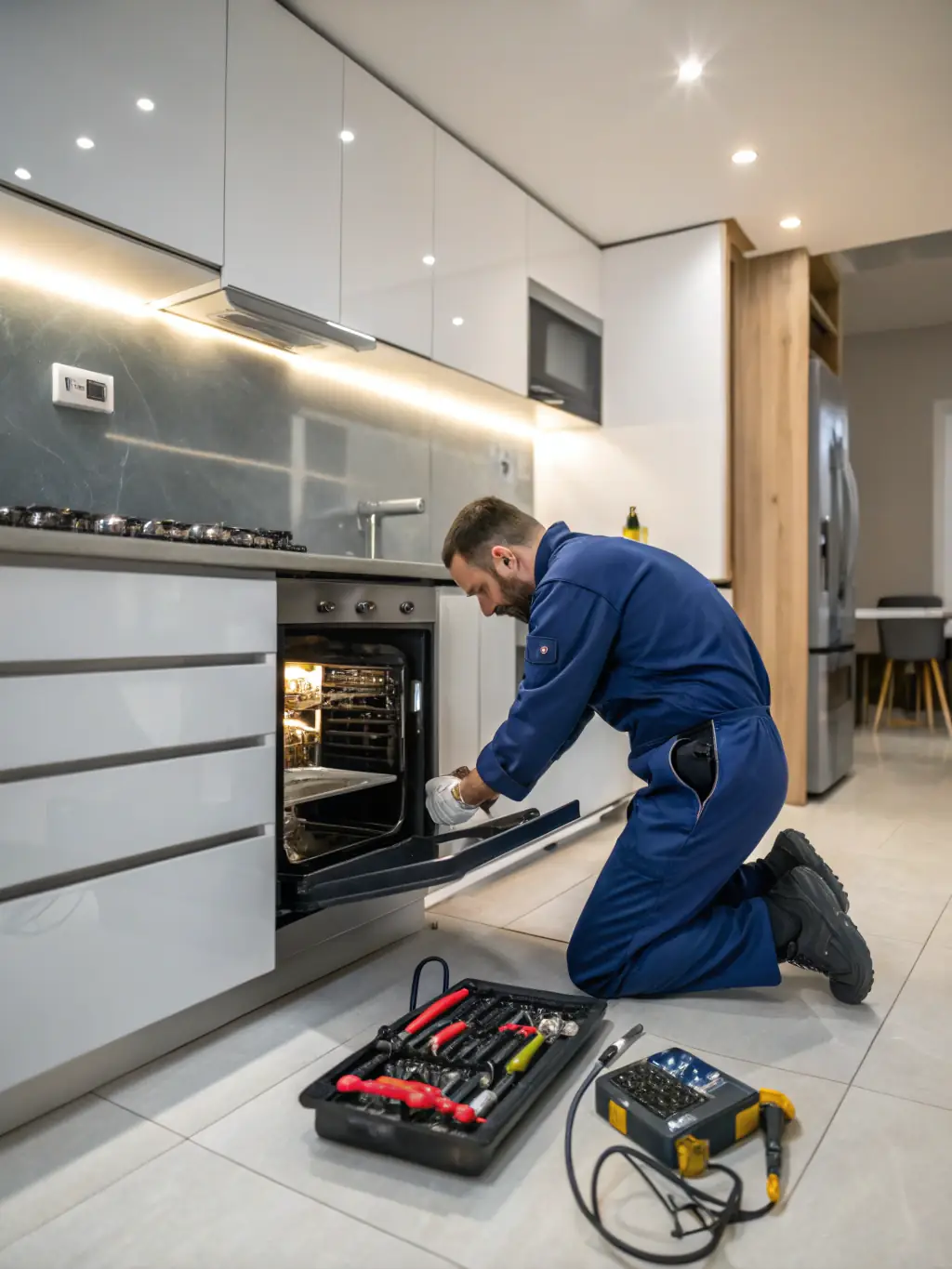 A modern stainless steel oven with the door open, revealing the heating elements and interior. A technician is using a multimeter to test the oven's functionality.