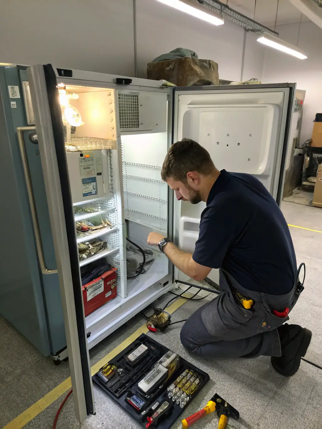 A close-up shot of a technician's hands repairing the inside of a refrigerator, with various tools and components visible. The lighting is bright and focused on the work area.