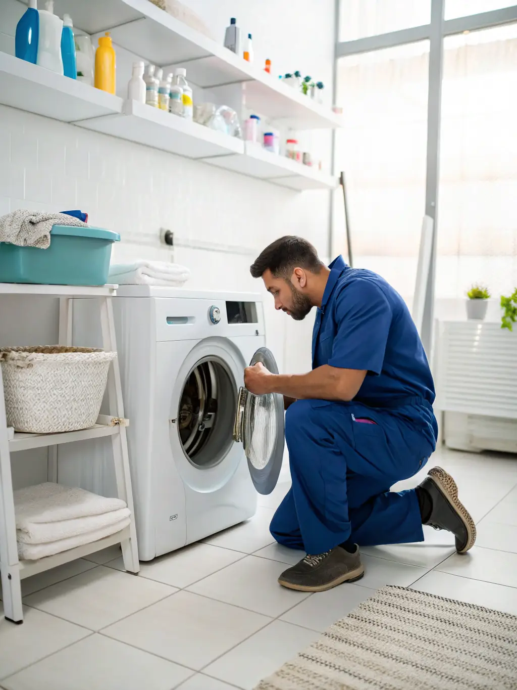 A skilled technician working on a washing machine, with a focus on the drum and internal mechanisms, highlighting YER Repairs LLC's commitment to quality washing machine repairs.